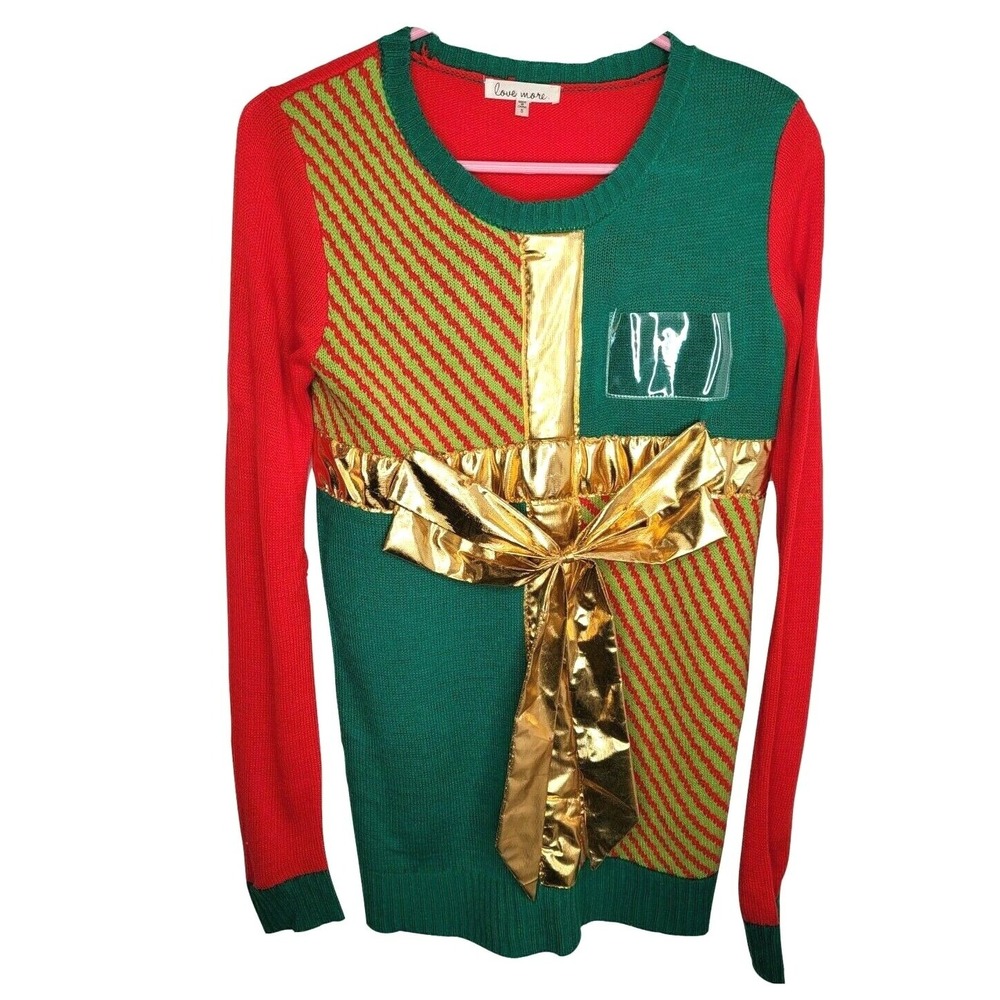 Ugly Christmas Sweater Small Christmas Present Gold Bow Love More Long Sleeve